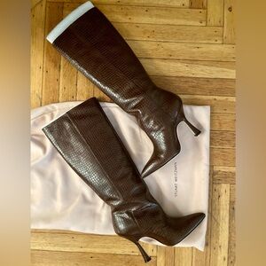 Stuart Weitzman Parton Brown Crocodile Embossed Leather Stiletto Boot 6.5/7